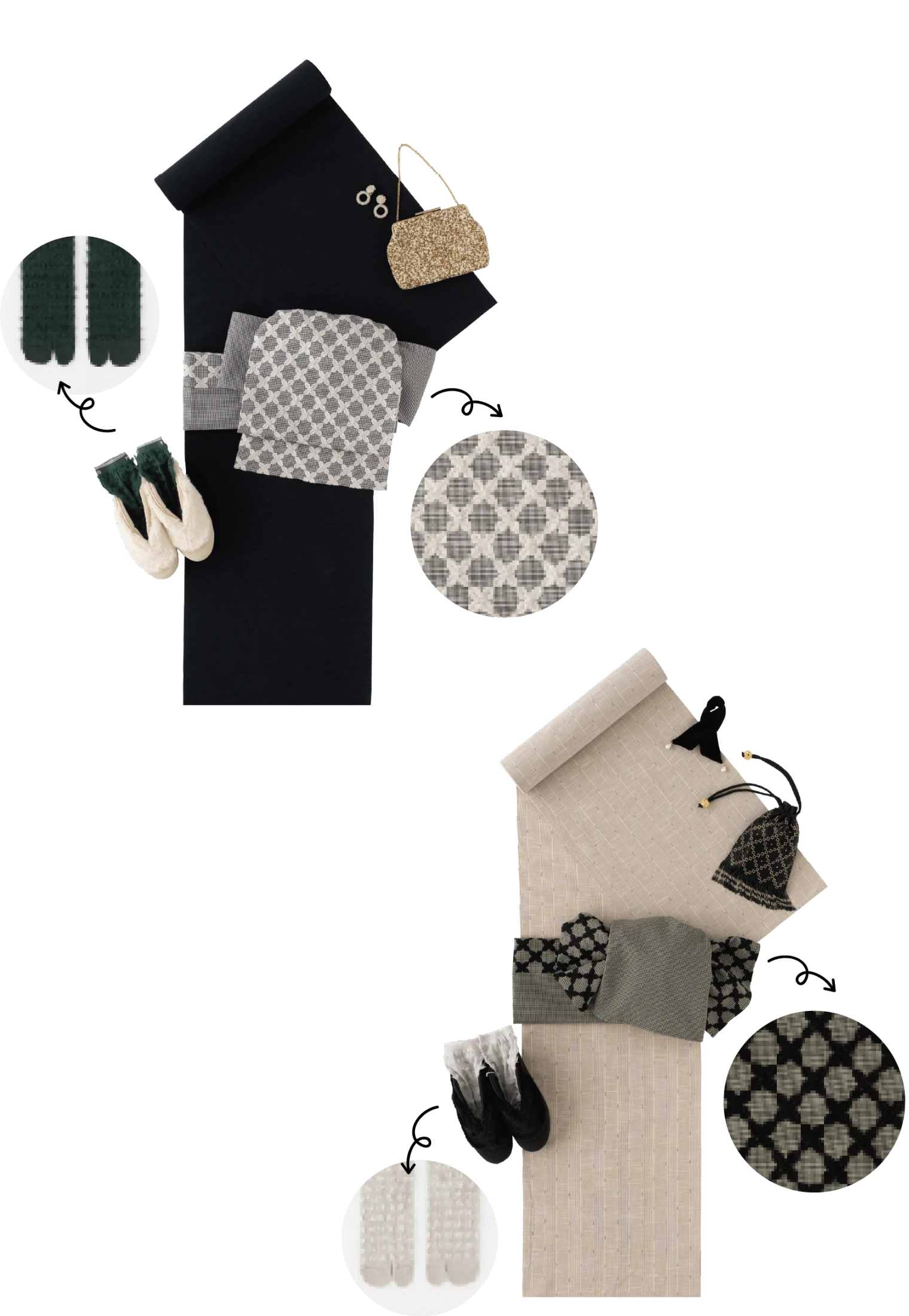 へこ帯はウールライクな千鳥格子にミントデザインズオリジナルのレースをプラス。ソックスはたっぷりのフリンジでボリュームのある足元を演出します。