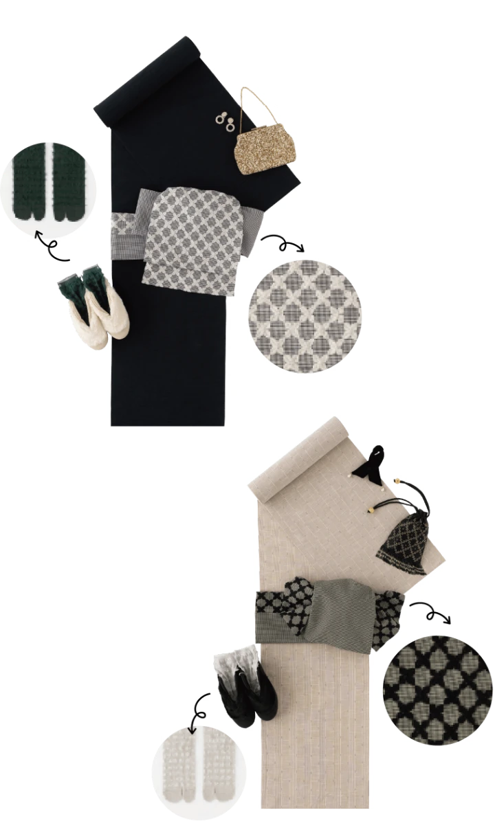 へこ帯はウールライクな千鳥格子にミントデザインズオリジナルのレースをプラス。ソックスはたっぷりのフリンジでボリュームのある足元を演出します。