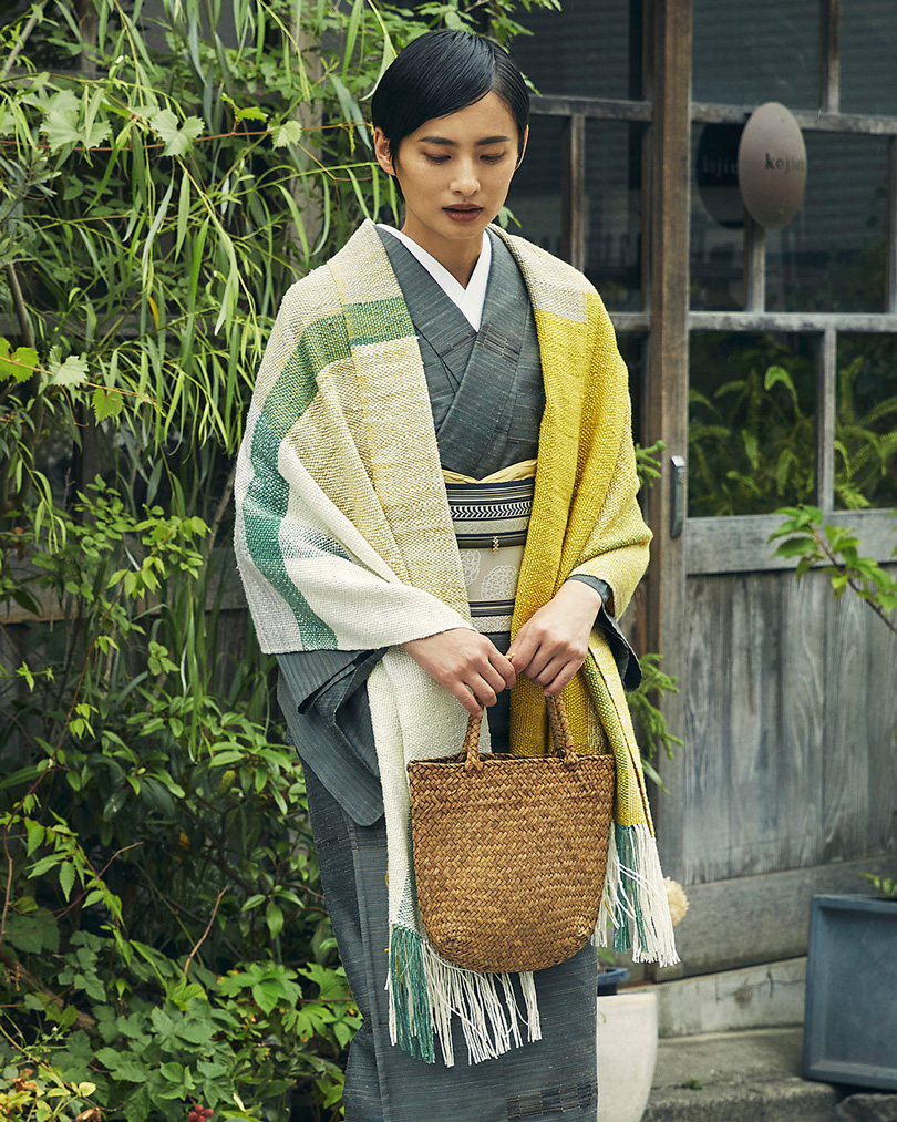 結城真綿ショール ブロックチェック