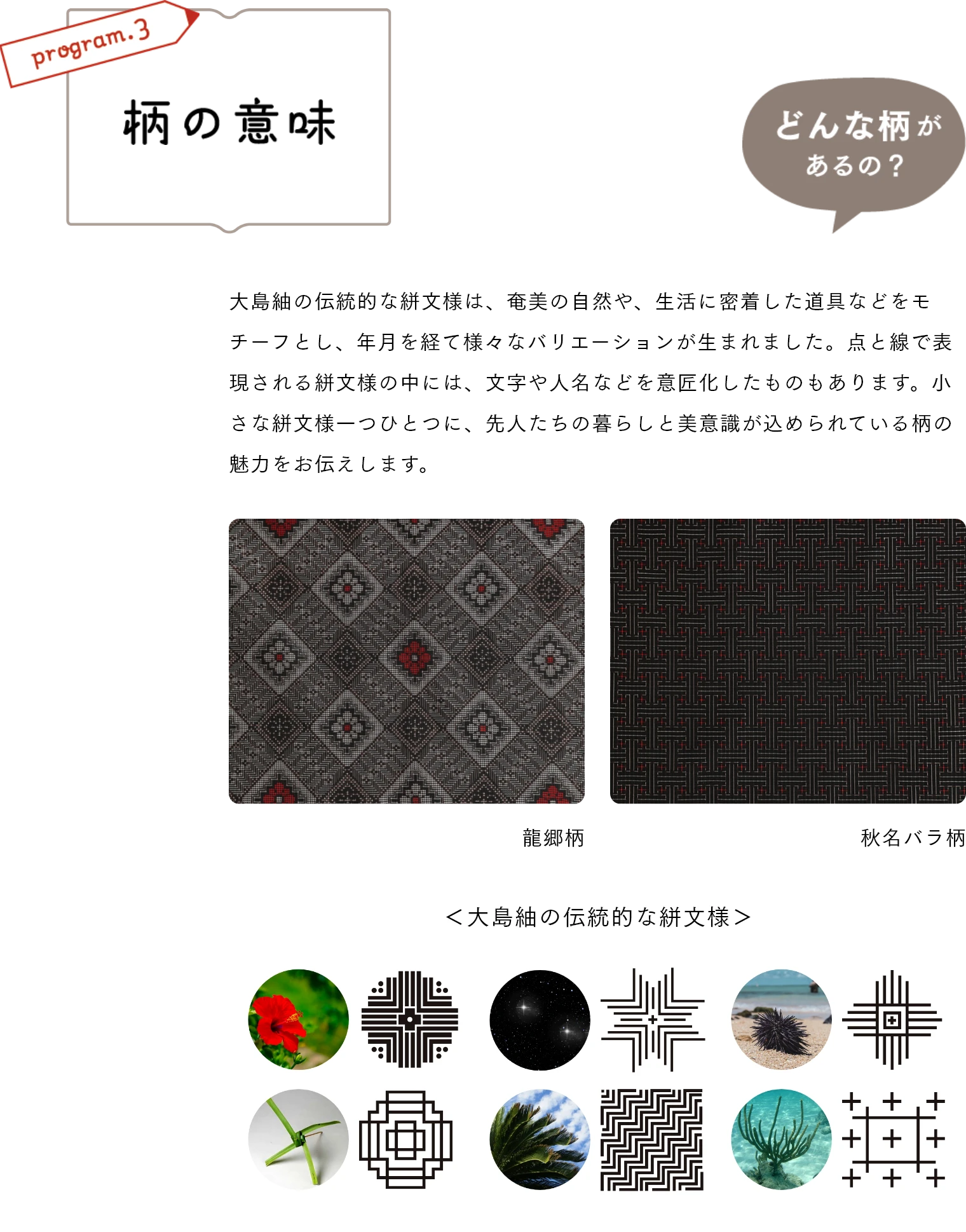 柄の意味　大島紬の伝統的な絣文様は、奄美の自然や、生活に密着した道具などをモチーフとし、年月を経て様々なバリエーションが生まれました。点と線で表現される絣文様の中には、文字や人名などを意匠化したものもあります。小さな絣文様一つひとつに、先人たちの暮らしと美意識が込められている柄の魅力をお伝えします。