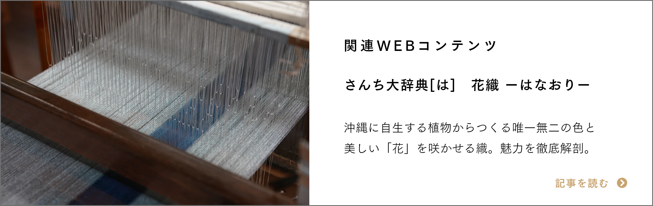 関連WEBコンテンツ　さんち大辞典[は]　花織 - はなおり -　沖縄に自生する植物からつくる唯一無二の色と美しい「花」を咲かせる織。魅力を徹底解剖