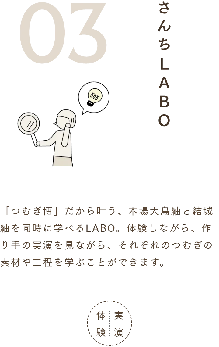 さんちLABO 「つむぎ博」だから叶う、本場大島紬と結城紬を同時に学べるLABO。体験しながら、作り手の実演を見ながら、それぞれのつむぎの素材や工程を学ぶことができます。
