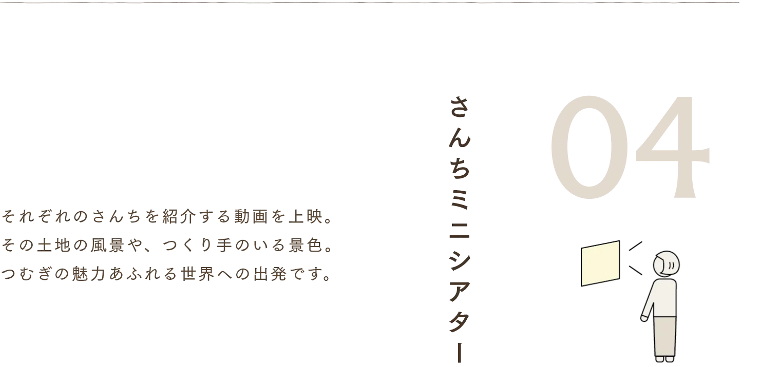 さんちミニシアター それぞれのさんちを紹介する動画を上映。その土地の風景や、つくり手のいる景色。つむぎの魅力あふれる世界への出発です。