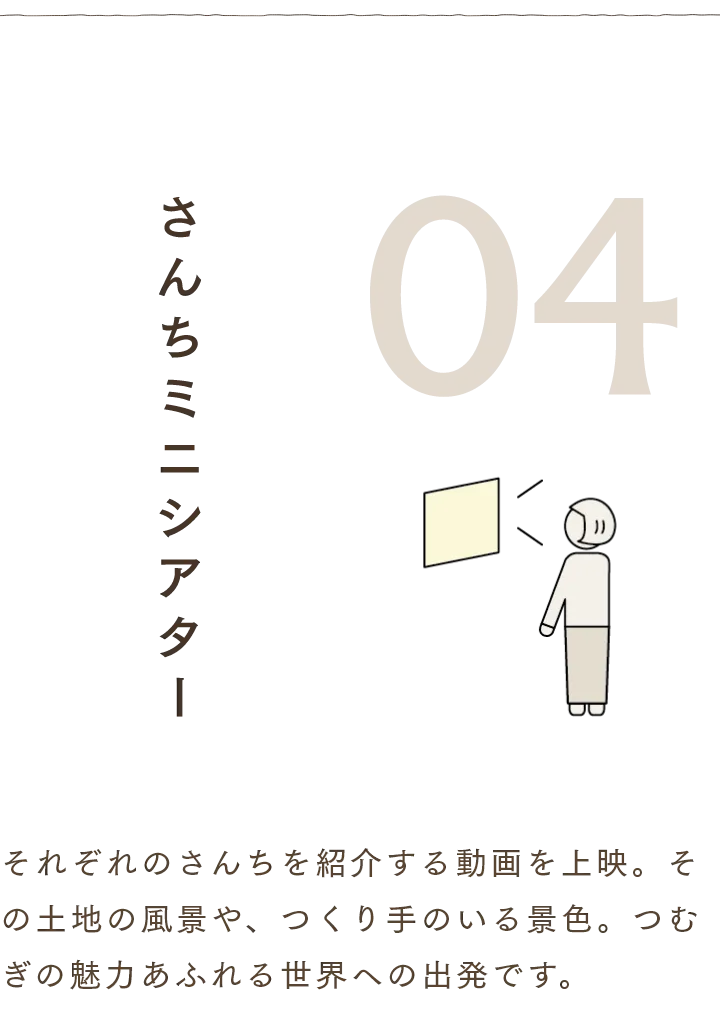 さんちミニシアター それぞれのさんちを紹介する動画を上映。その土地の風景や、つくり手のいる景色。つむぎの魅力あふれる世界への出発です。