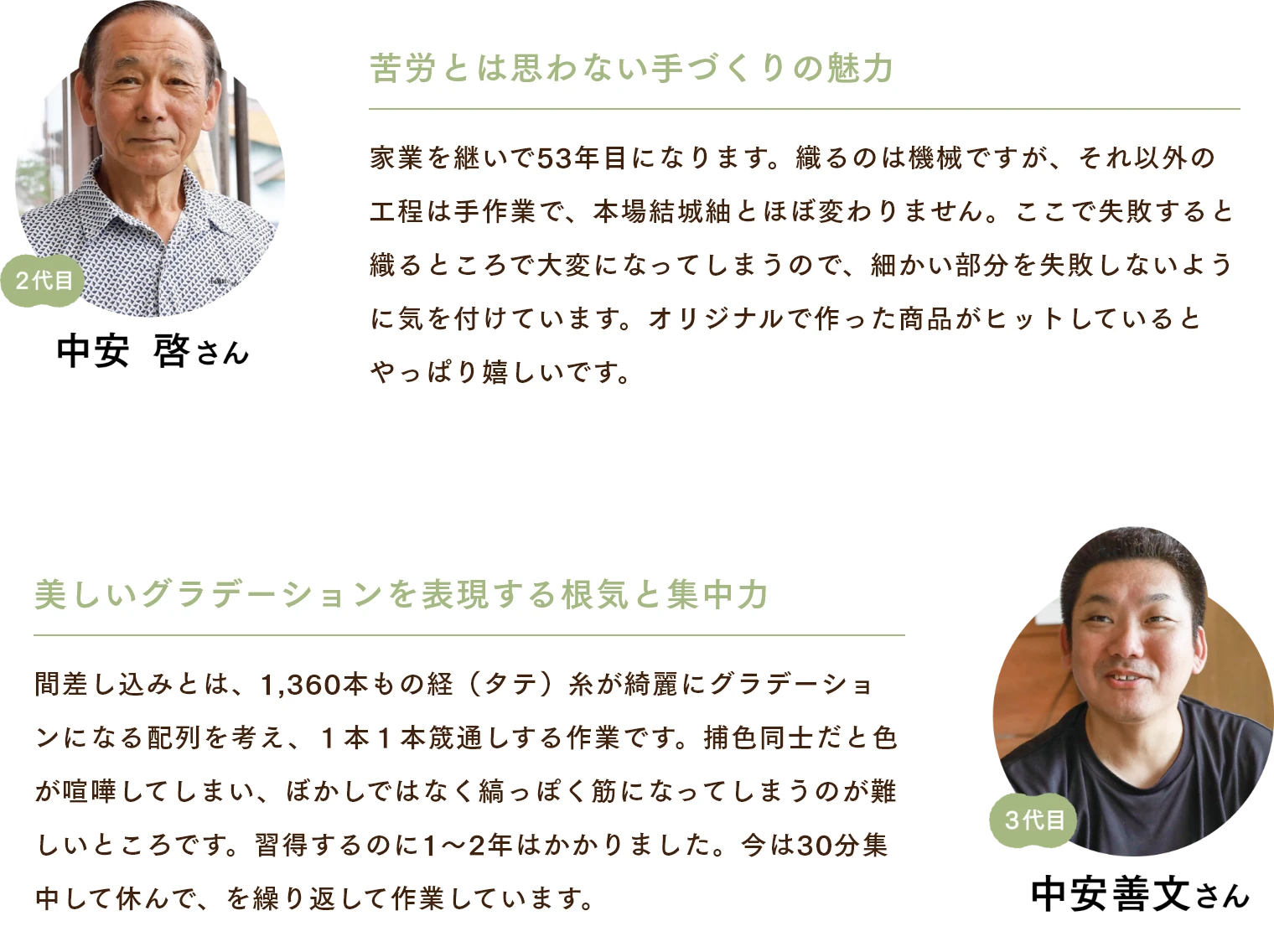 中安啓さん　苦労とは思わない手づくりの魅力 家業を継いで53年目になります。織るのは機械ですが、それ以外の工程は手作業で、本場結城紬とほぼ変わりません。ここで失敗すると織るところで大変になってしまうので、細かい部分を失敗しないように気を付けています。オリジナルで作った商品がヒットしているとやっぱり嬉しいです。 中安善文さん　美しいグラデーションを表現する根気と集中力 間差し込みとは、1,360本もの経（タテ）糸が綺麗にグラデーションになる配列を考え、１本１本筬通しする作業です。捕色同士だと色が喧嘩してしまい、ぼかしではなく縞っぽく筋になってしまうのが難しいところです。習得するのに1〜2年はかかりました。今は30分集中して休んで、を繰り返して作業しています。