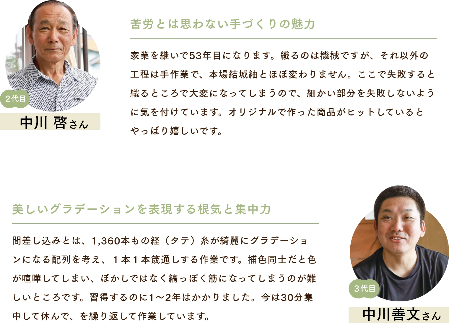 中安啓さん　苦労とは思わない手づくりの魅力 家業を継いで53年目になります。織るのは機械ですが、それ以外の工程は手作業で、本場結城紬とほぼ変わりません。ここで失敗すると織るところで大変になってしまうので、細かい部分を失敗しないように気を付けています。オリジナルで作った商品がヒットしているとやっぱり嬉しいです。 中安善文さん　美しいグラデーションを表現する根気と集中力 間差し込みとは、1,360本もの経（タテ）糸が綺麗にグラデーションになる配列を考え、１本１本筬通しする作業です。捕色同士だと色が喧嘩してしまい、ぼかしではなく縞っぽく筋になってしまうのが難しいところです。習得するのに1〜2年はかかりました。今は30分集中して休んで、を繰り返して作業しています。